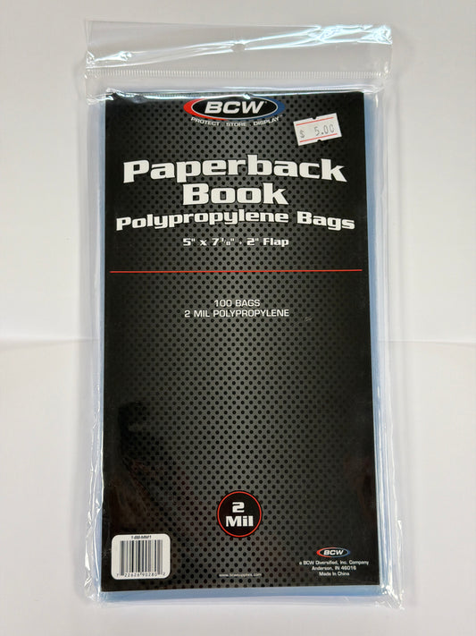 BCW Paperback Book Polypropylene Bags 5” x 7 3/8” + 2” Flap 100 Bags